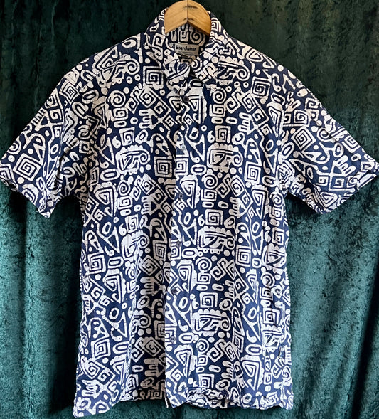 Vintage 1960s style classic blue white Hawaiian Shirt rockabilly tiki festival S