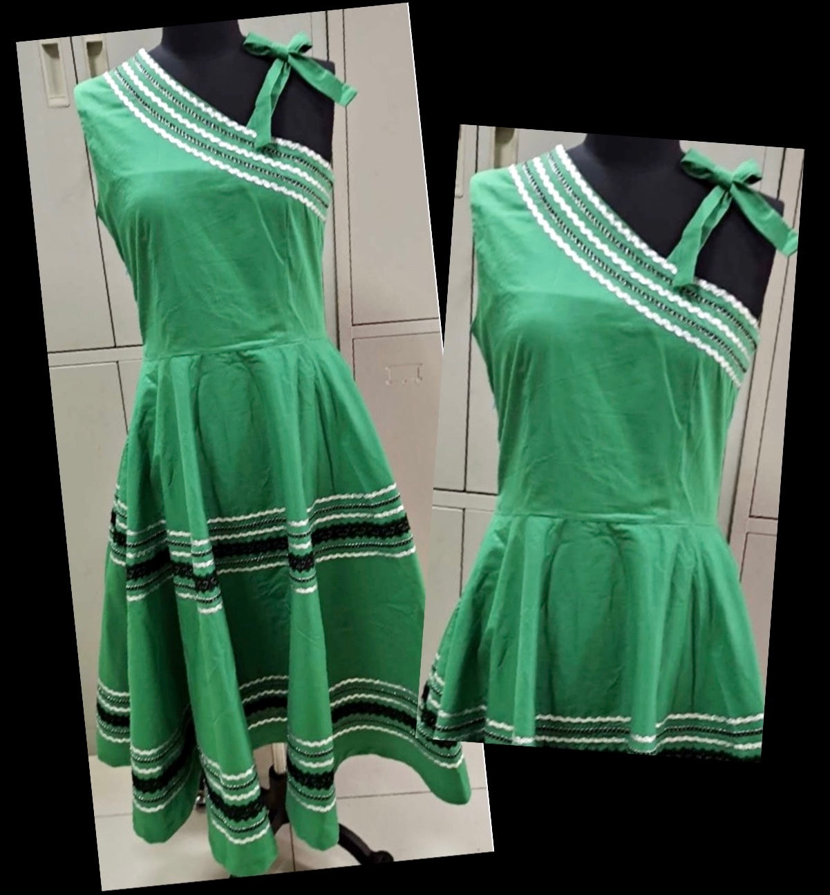 Patio dress vintage 1950s style one shoulder Mexican full circle dress in green