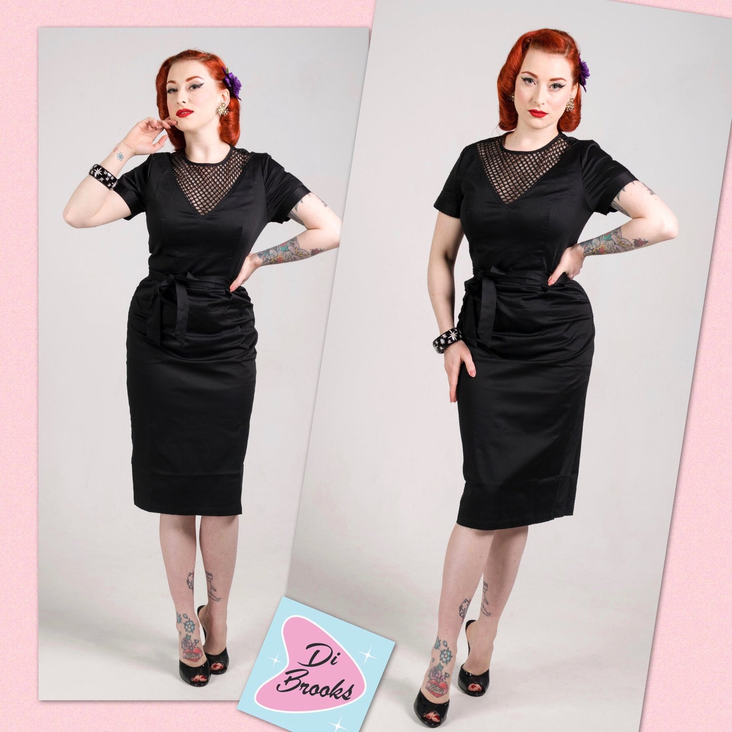 Vintage 1950s style black wiggle dress with fishnet panel XS to 3XL