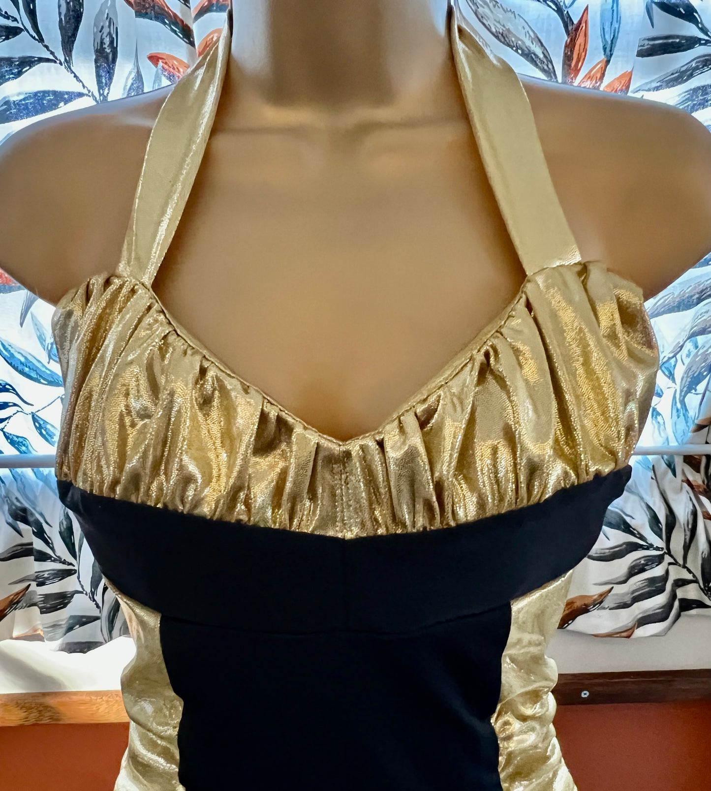 Vintage 1950s inspired Gold liquid lame and black bombshell swimsuit XS/S