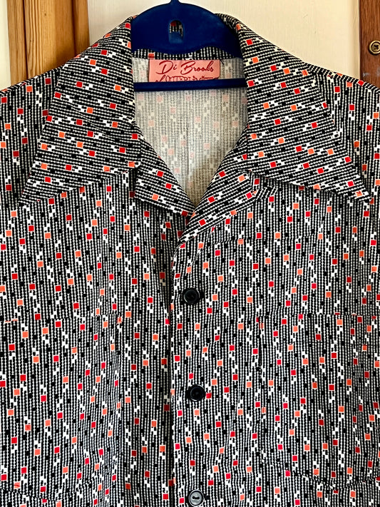Pre Loved vintage 1950s style man’s shirt black red white geometric pattern S