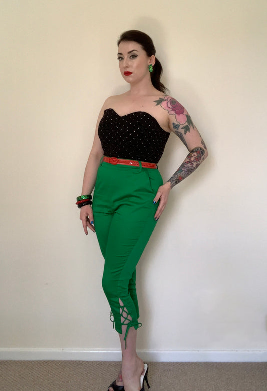 Kelly Green Vintage 1950s style lace up Capri pants XS to 2XL