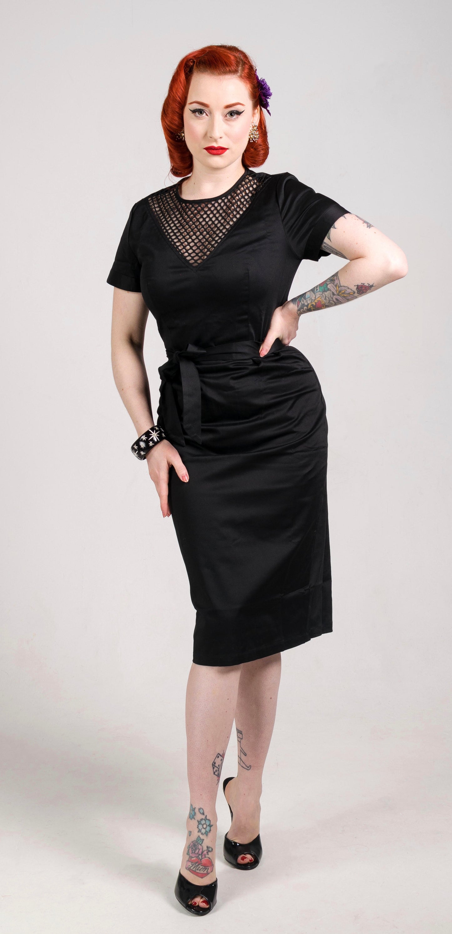 Vintage 1950s style black wiggle dress with fishnet panel XS to 3XL