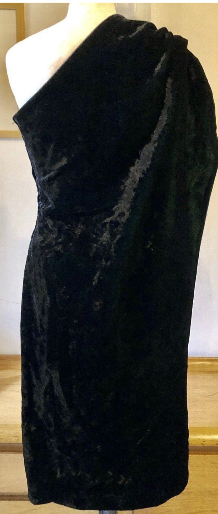 Dottie - vintage 1950s black velvet and green satin wiggle dress with draped shoulder XS to 2XL