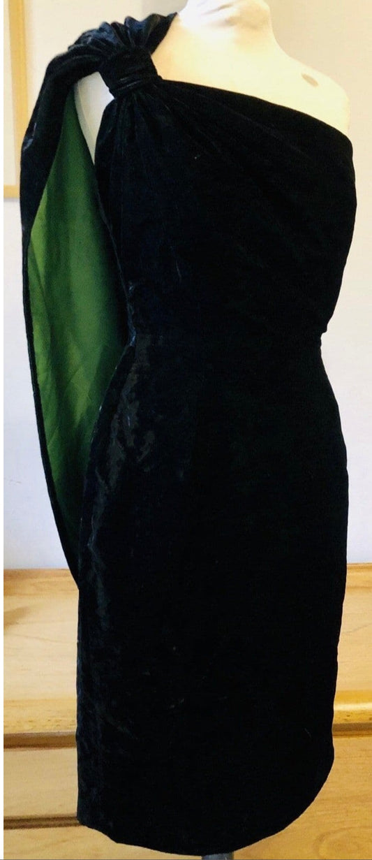 Dottie - vintage 1950s black velvet and green satin wiggle dress with draped shoulder XS to 2XL