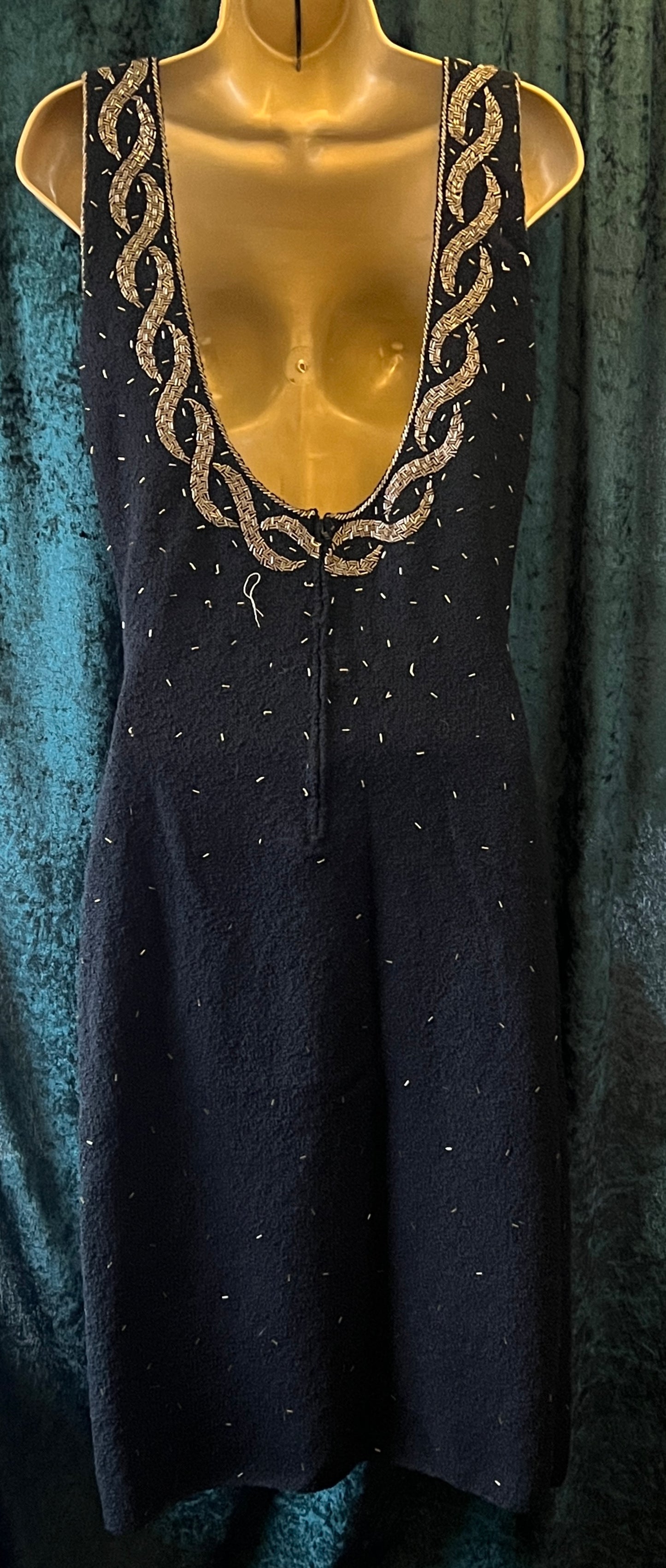 Vintage 50s Gene Shelley beaded black and gold knit wiggle cocktail dress