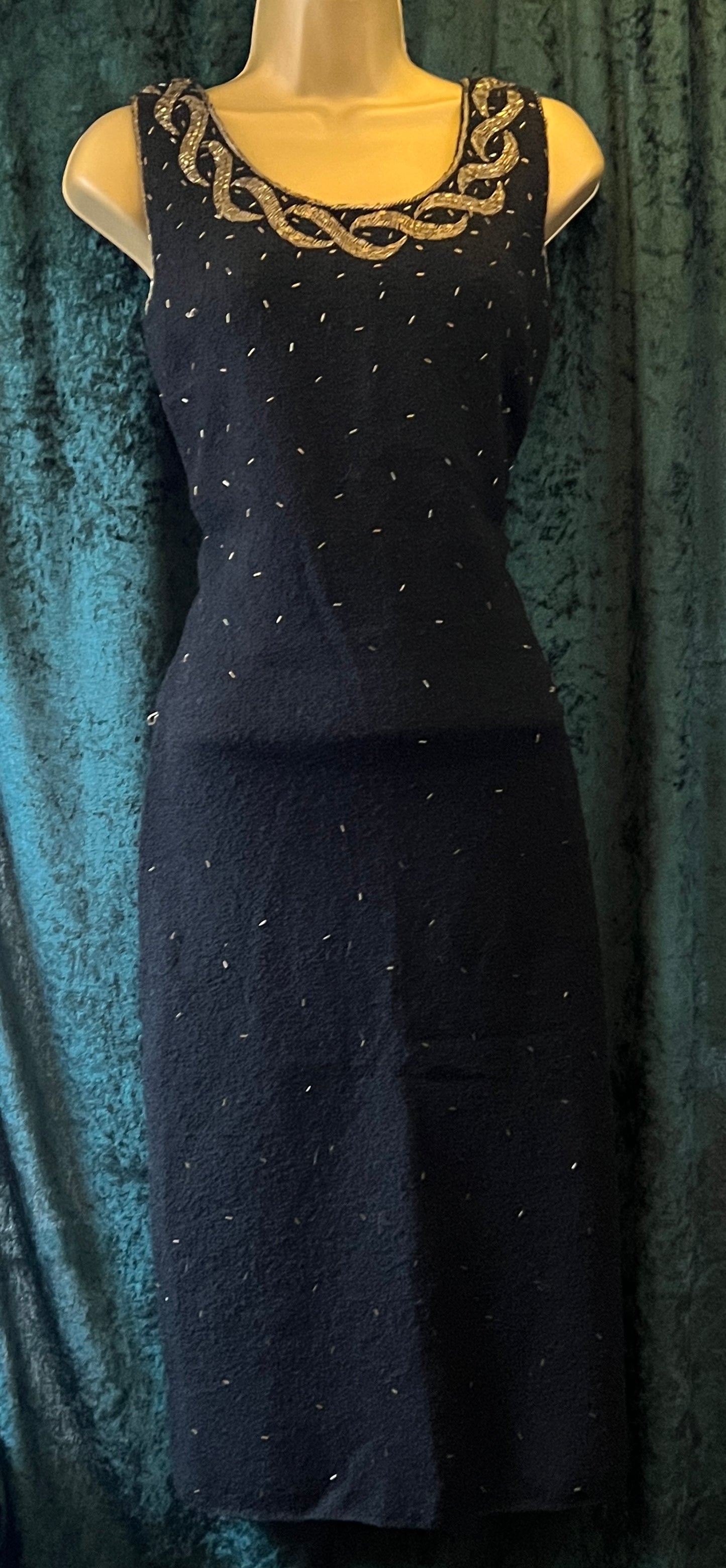Vintage 50s Gene Shelley beaded black and gold knit wiggle cocktail dress