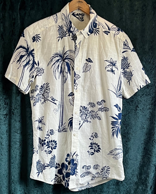 Vintage 1990s dark blue and white Hawaiian Shirt rockabilly tiki festival S