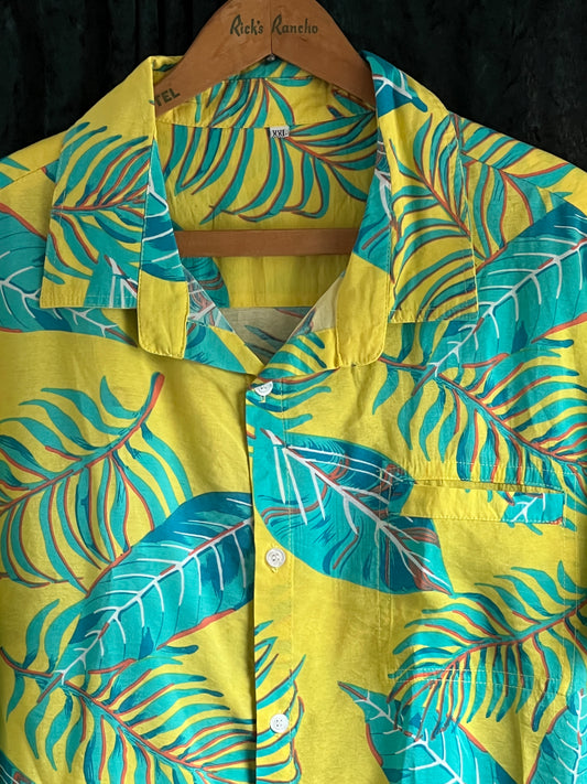 Retro aqua leaves bright yellow Hawaiian shirt festival tiki rockabilly 2XL