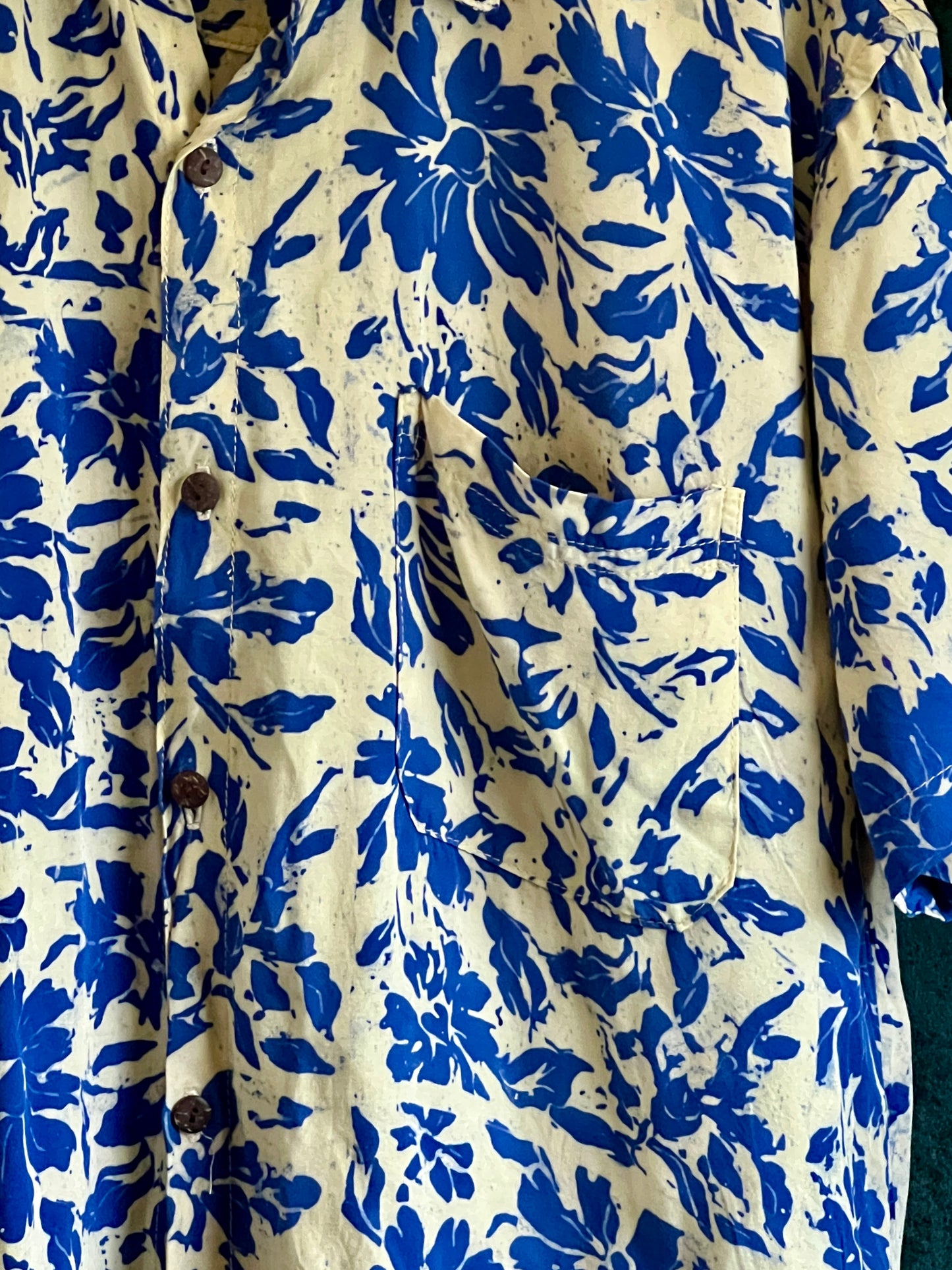 Vintage 1950s style rayon classic blue white Hawaiian Shirt rockabilly tiki festival L