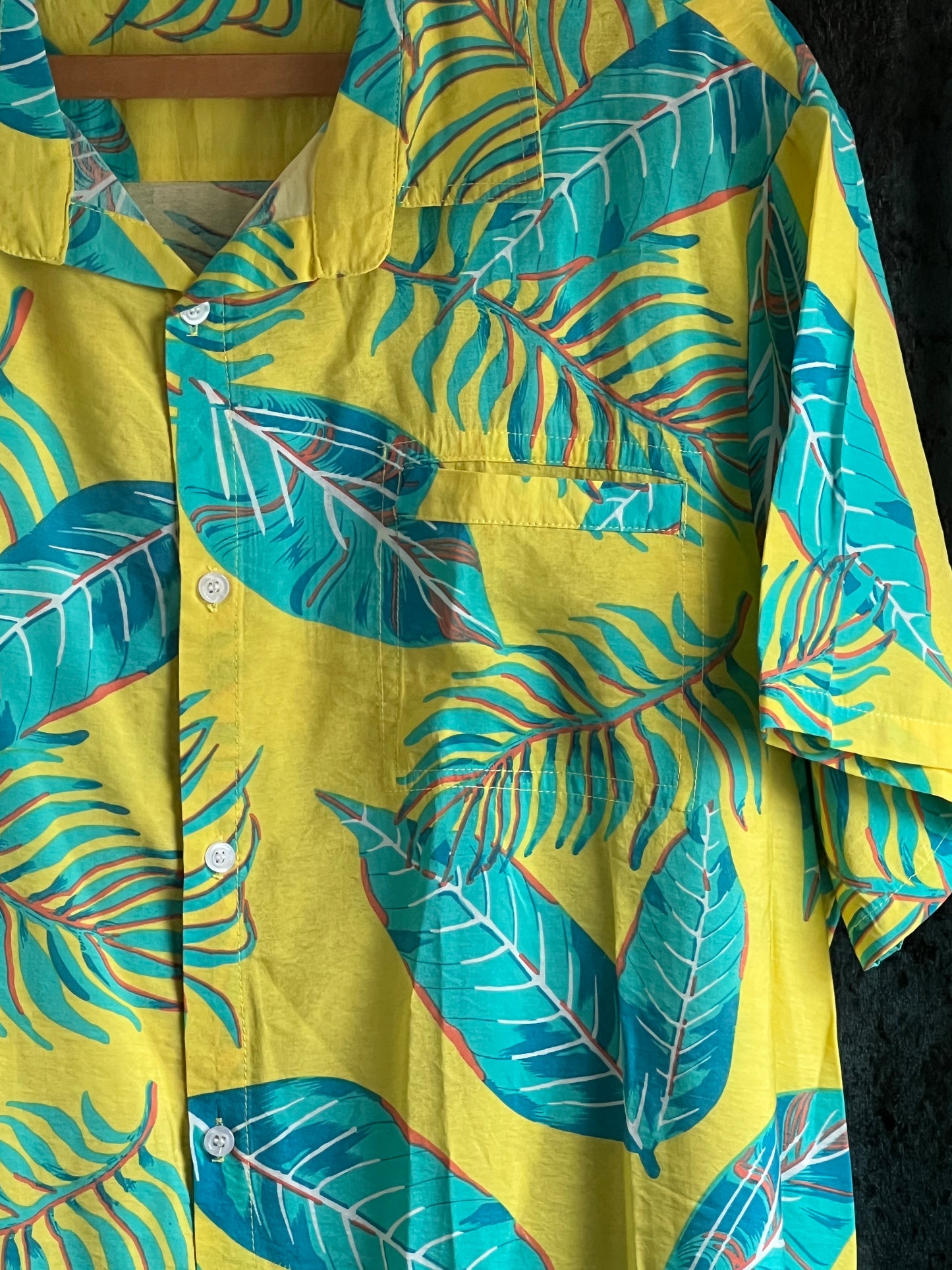 Retro aqua leaves bright yellow Hawaiian shirt festival tiki rockabilly 2XL