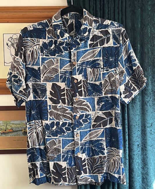 Vintage style silk rayon mix Hawaiian tapas shirt tiki rockabilly S