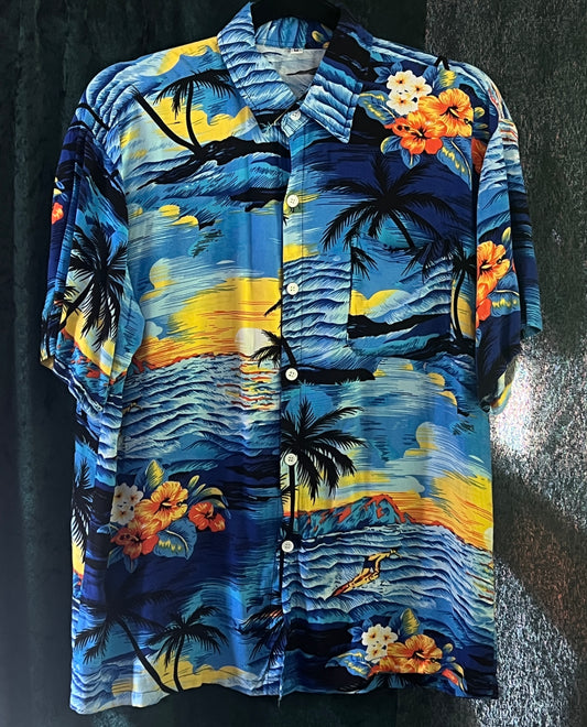 Retro classic Hawaiian shirt sz S blue tiki festival rockabilly