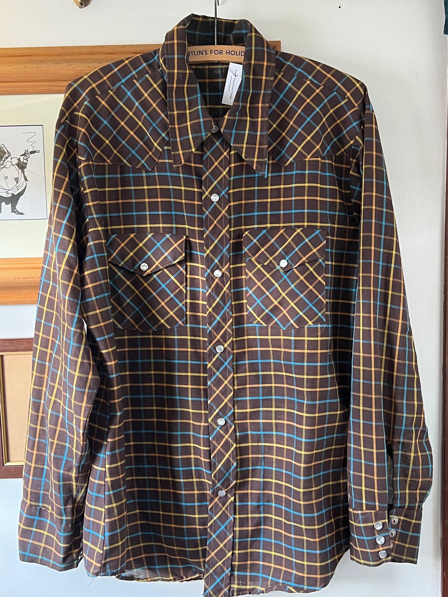 Vintage Western brown check plaid long sleeve shirt Sz M