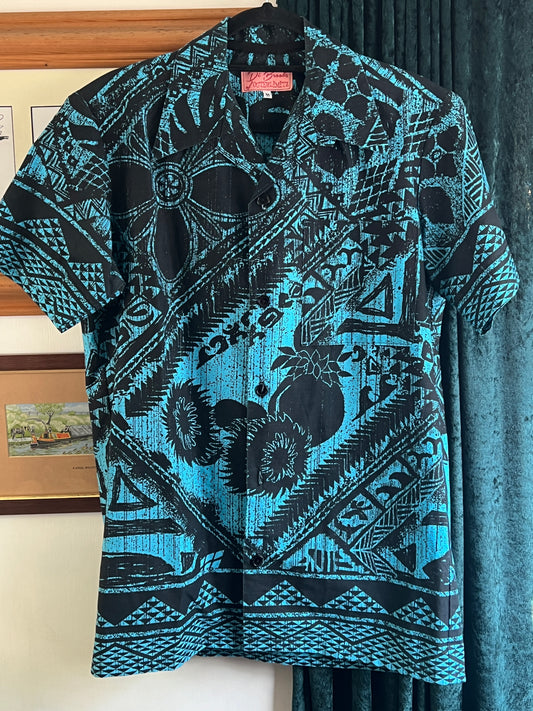 Vintage 50s style blue black Hawaiian tiki shirt M