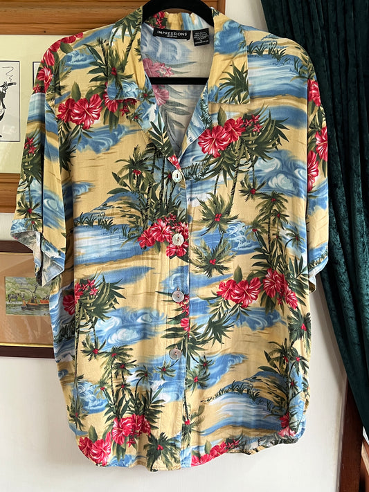 Retro vintage 50s style blue rayon Hawaiian shirt sz XL festival rockabilly