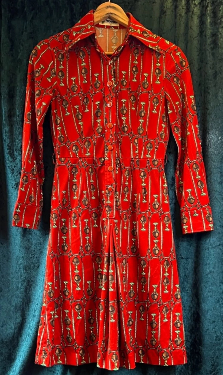 Vintage 70s dagger collar iconic print red short waisted dress sz XS to S