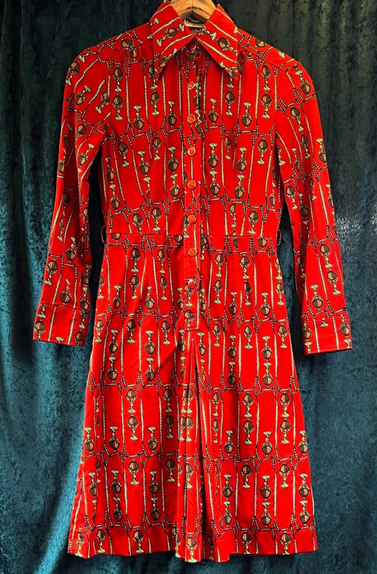 Vintage 70s dagger collar iconic print red short waisted dress sz XS to S