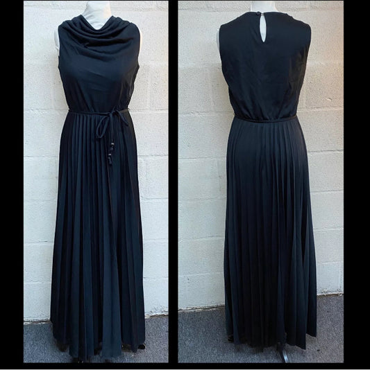 Inky black Vintage 70s C&A long evening dress with knife pleats and cowl neckline