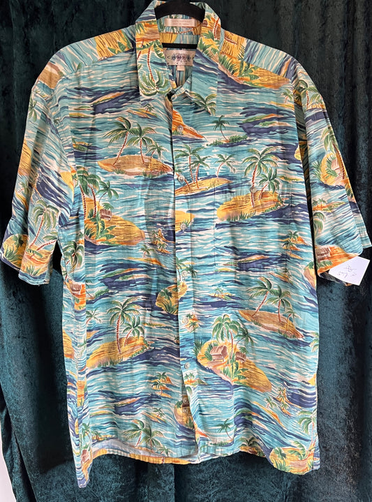 Vintage 1950s style Blue Hawaiian Shirt Islands Print L XL Festival Tiki