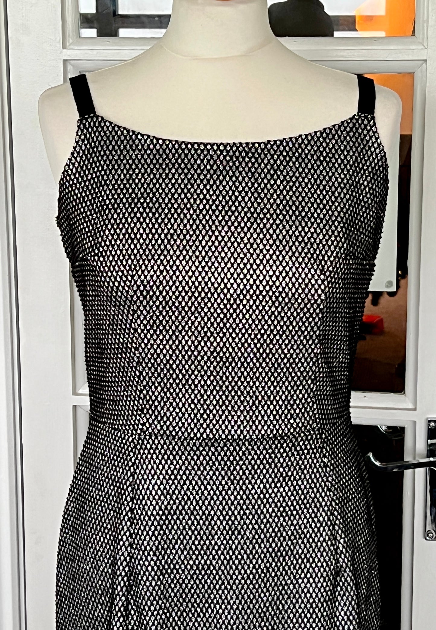 Vintage 1950s style silver lurex and black fishnet wiggle dress M only