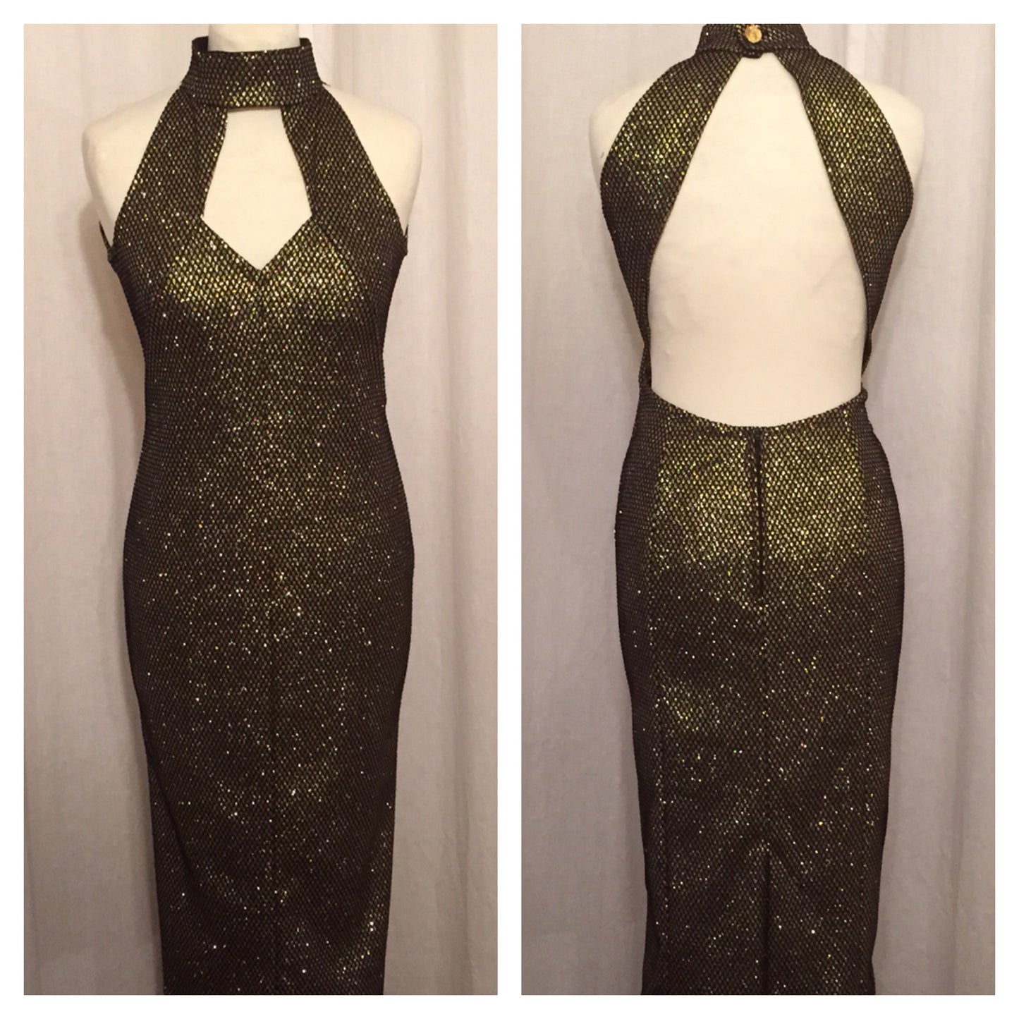 Vintage 1950s style gold lurex and black net backless wiggle dress M XL only