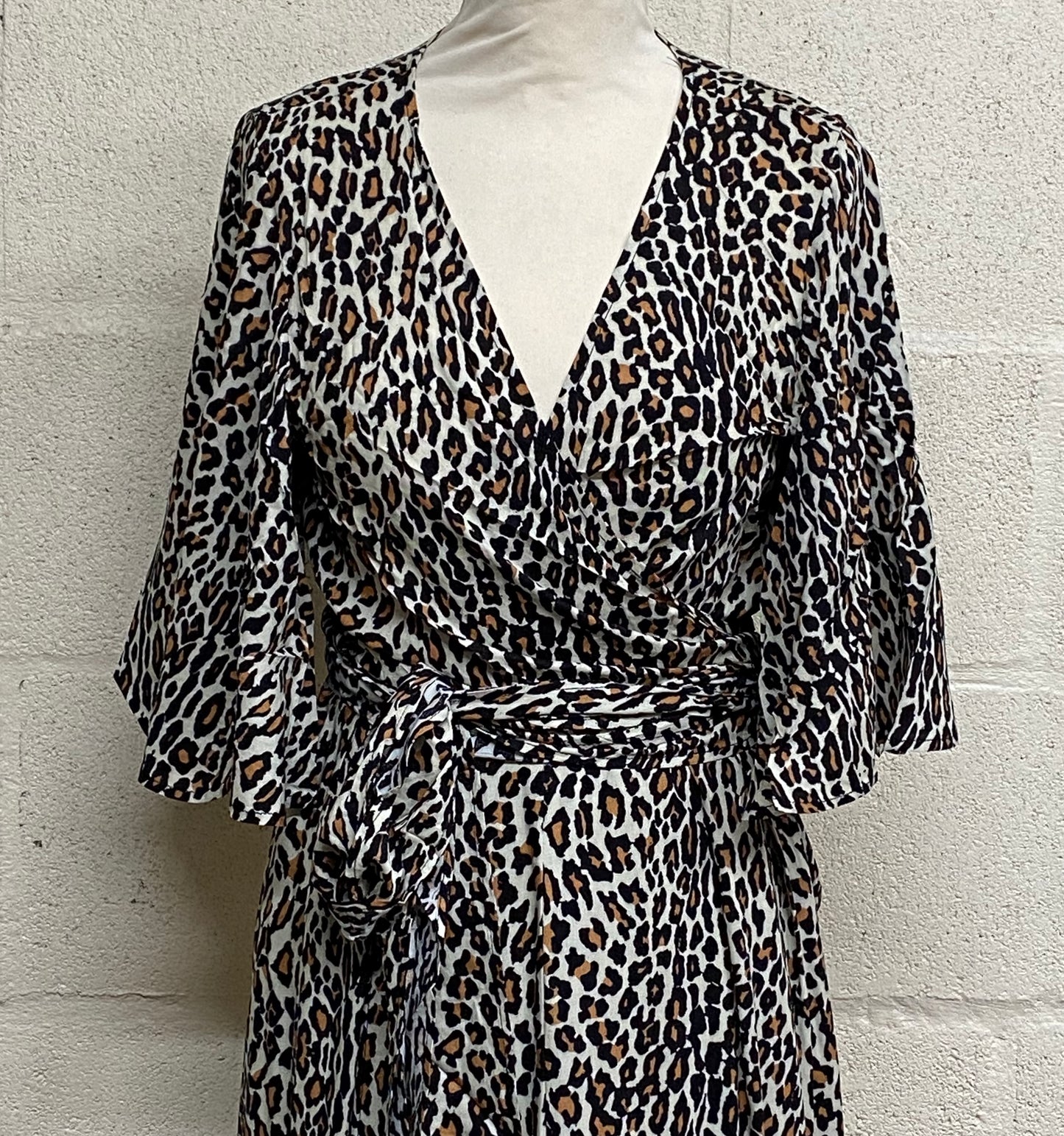 Glamour leopard vintage 1950s style wrap top with full fluted angel sleeves XS to 2XL