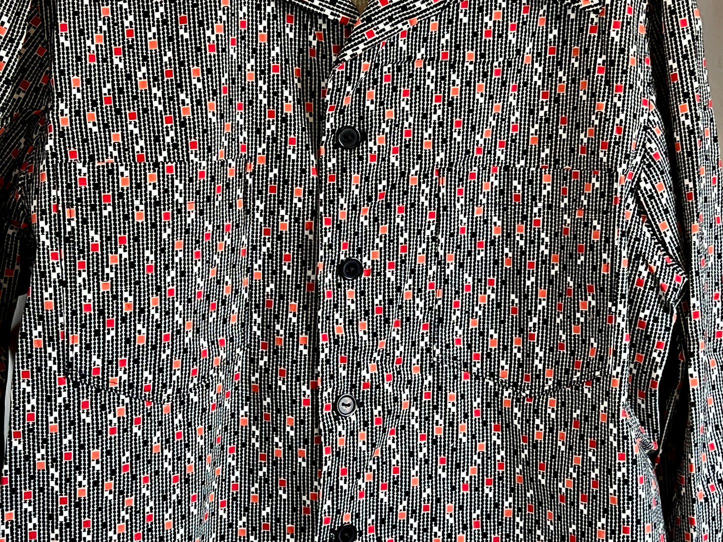 Pre Loved vintage 1950s style man’s shirt black red white geometric pattern S