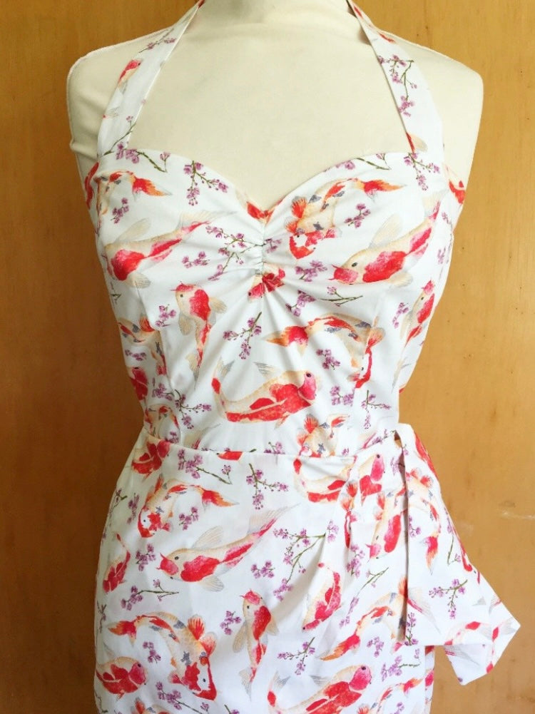 Hawaiian 1950s vintage inspired white koi carp sarong dress