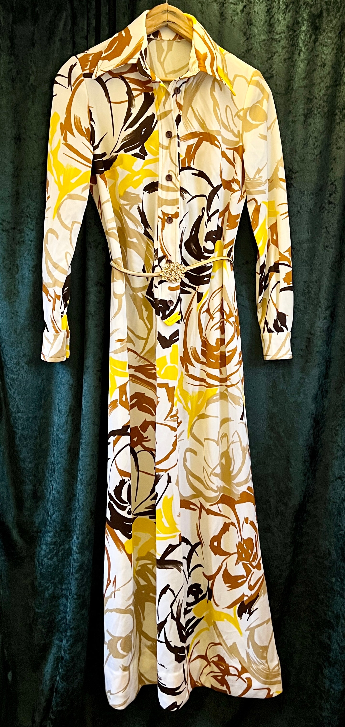 Vintage 1970s psychedelic print maxi dress gown long sleeves dagger collar sz M L
