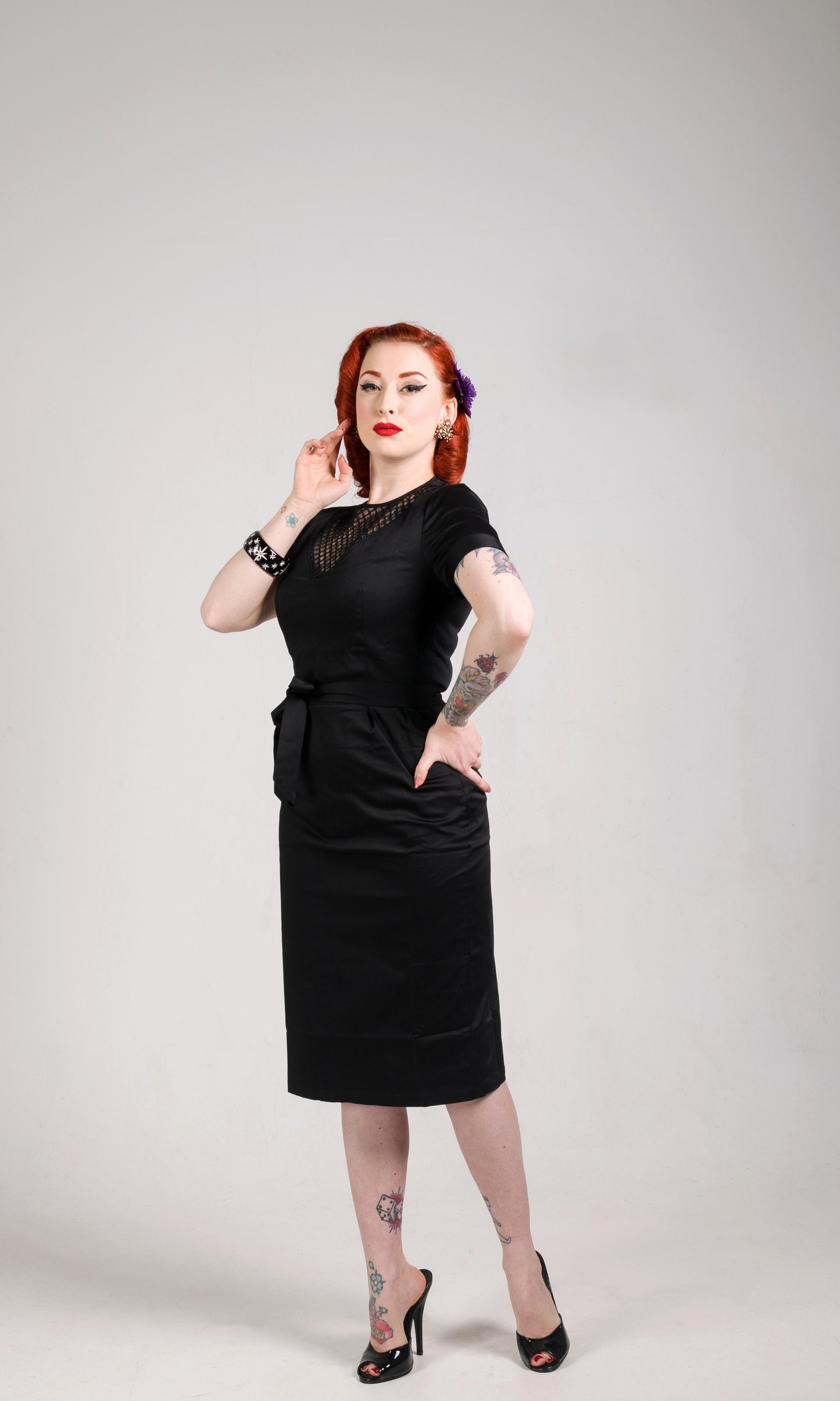 Cherie Vintage 1950s inspired black wiggle cocktail dress with mesh insert and belt XS to 3XL