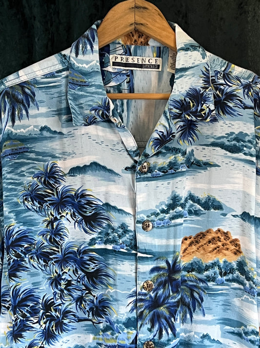 Retro 1950s rayon islands print Hawaiian shirt rockabilly tiki festival L/XL
