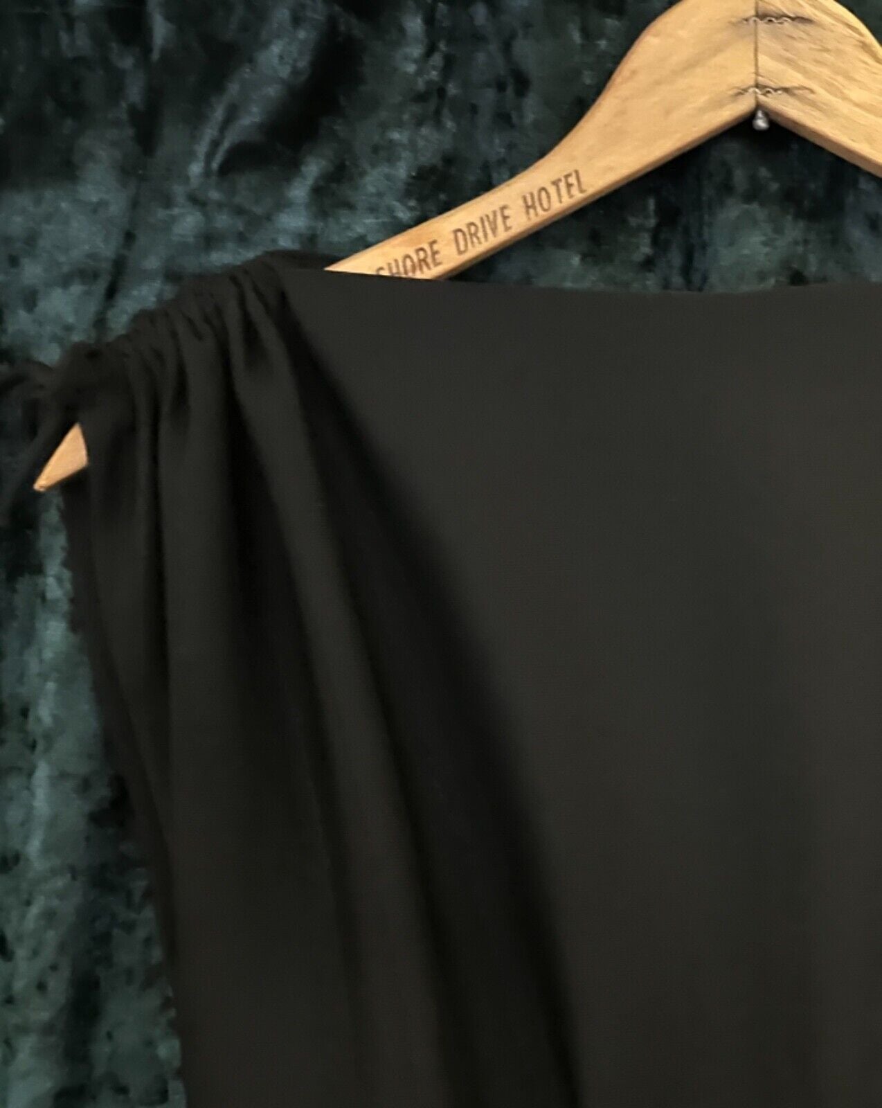Vintage 1970s black maxi dress embroidered deep border ruched tied shoulders M