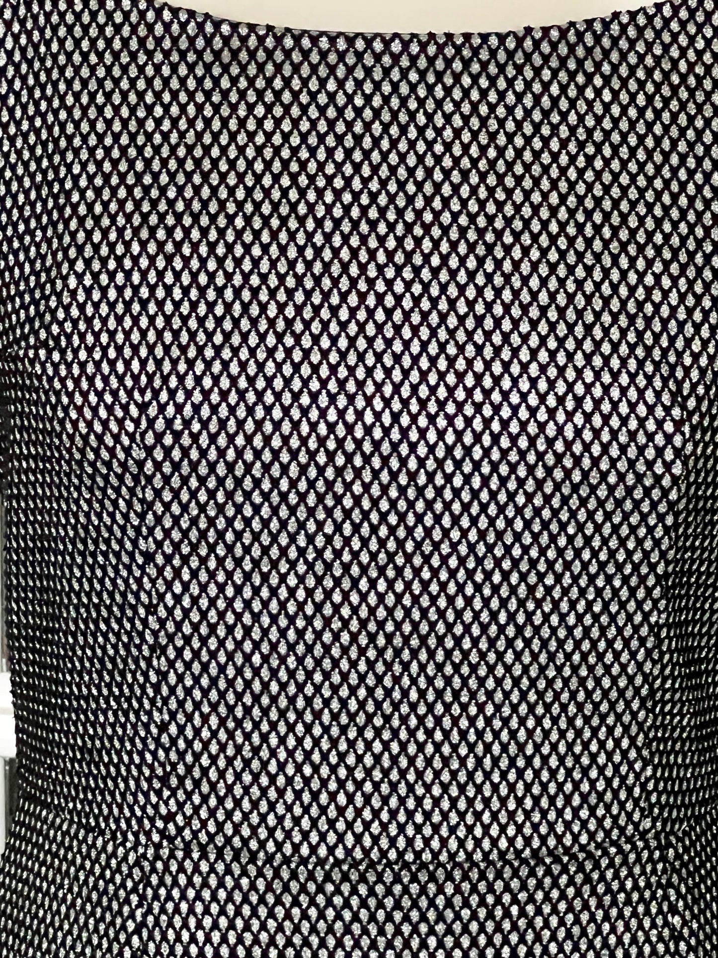 Vintage 1950s style silver lurex and black fishnet wiggle dress M only