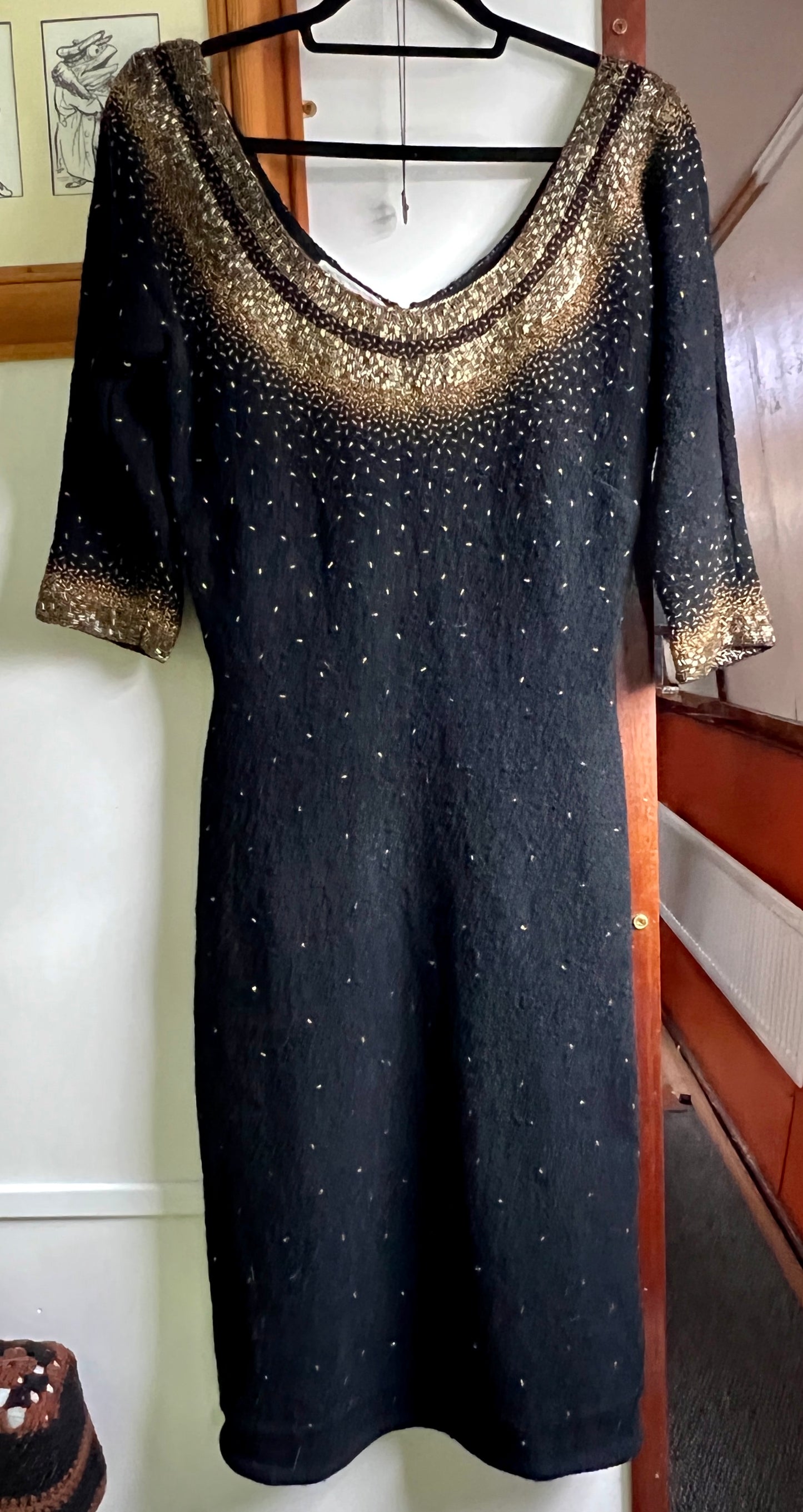 Vintage Gene Shelly style black wool and gold beaded wiggle dress XL XXL