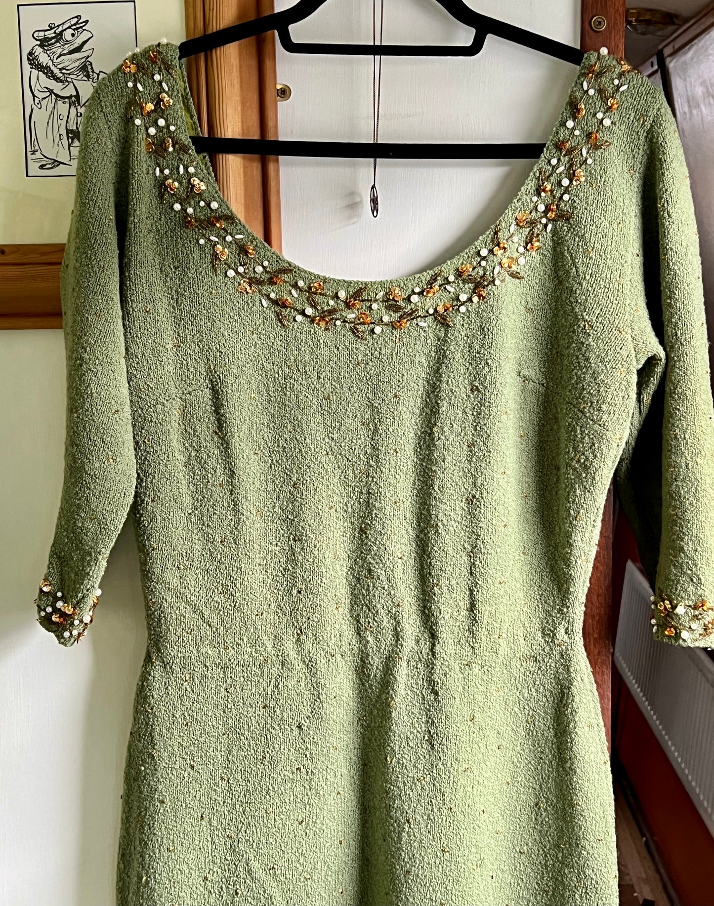 Vintage 1950s 1960s Gene Shelly green wool dress with gold sequins and beads and pearls Rare XXL plus size