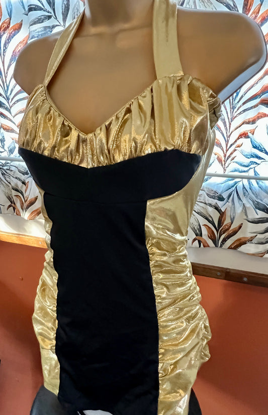 Vintage 1950s inspired Gold liquid lame and black bombshell swimsuit XS/S