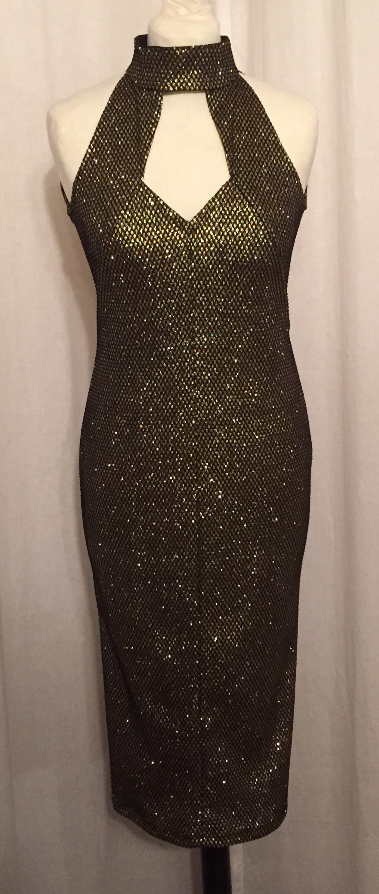 Vintage 1950s style gold lurex and black net backless wiggle dress M XL only