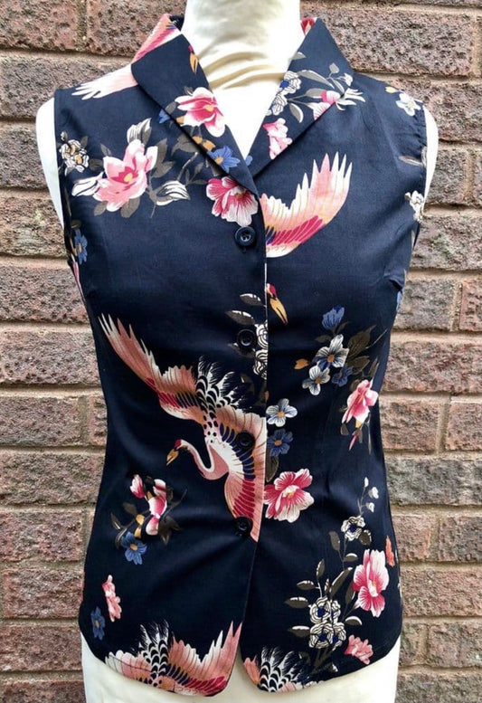 SALE Vintage 1950s style button up blouse cranes print XS to 3XL