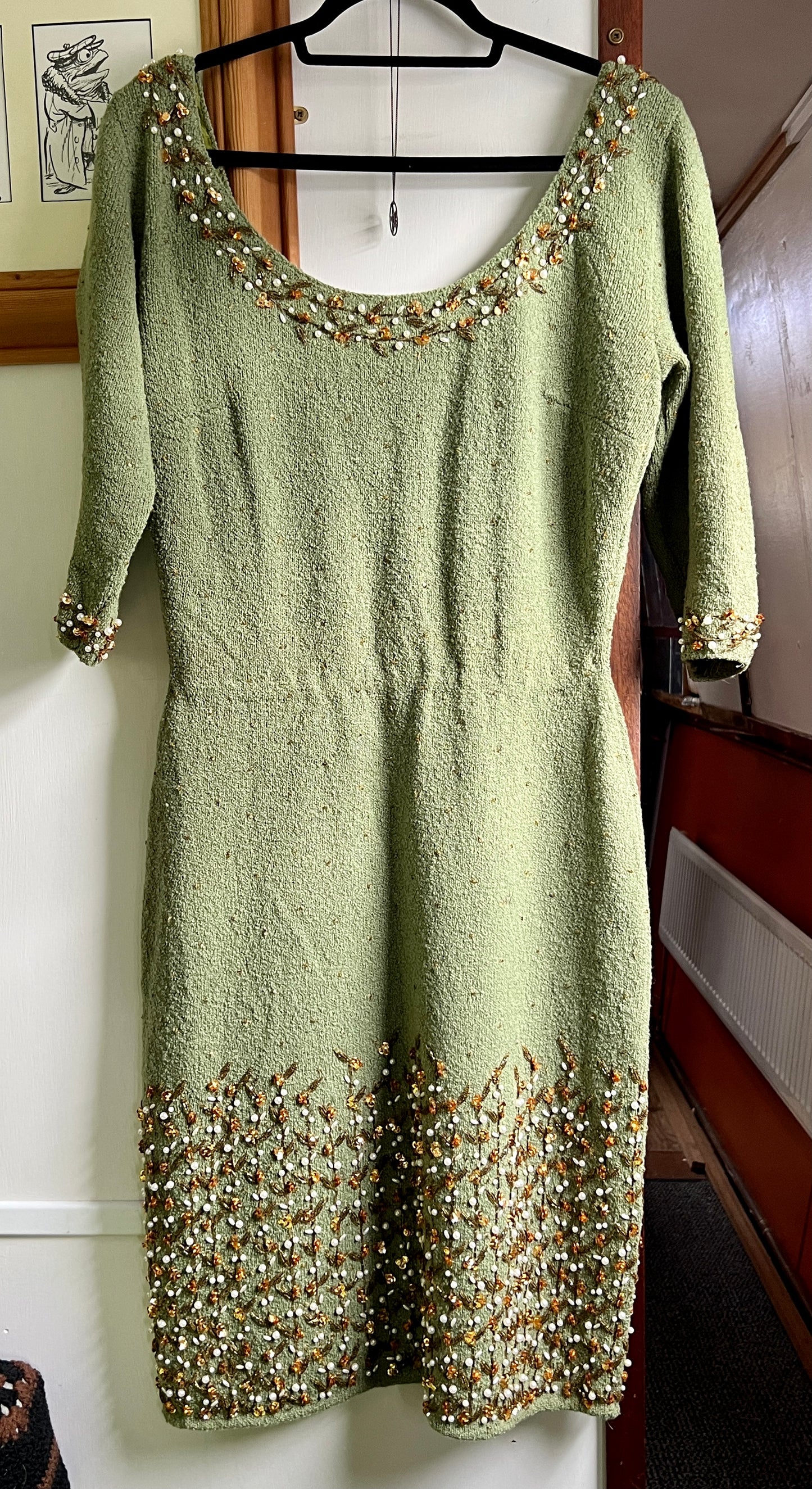 Vintage 1950s 1960s Gene Shelly green wool dress with gold sequins and beads and pearls Rare XXL plus size
