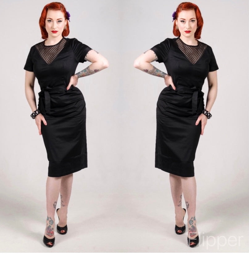 Cherie Vintage 1950s inspired black wiggle cocktail dress with mesh insert and belt XS to 3XL