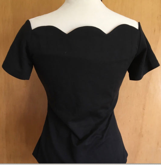 Carla Vintage 1950s style scallop neckline black top XXS to 2XL