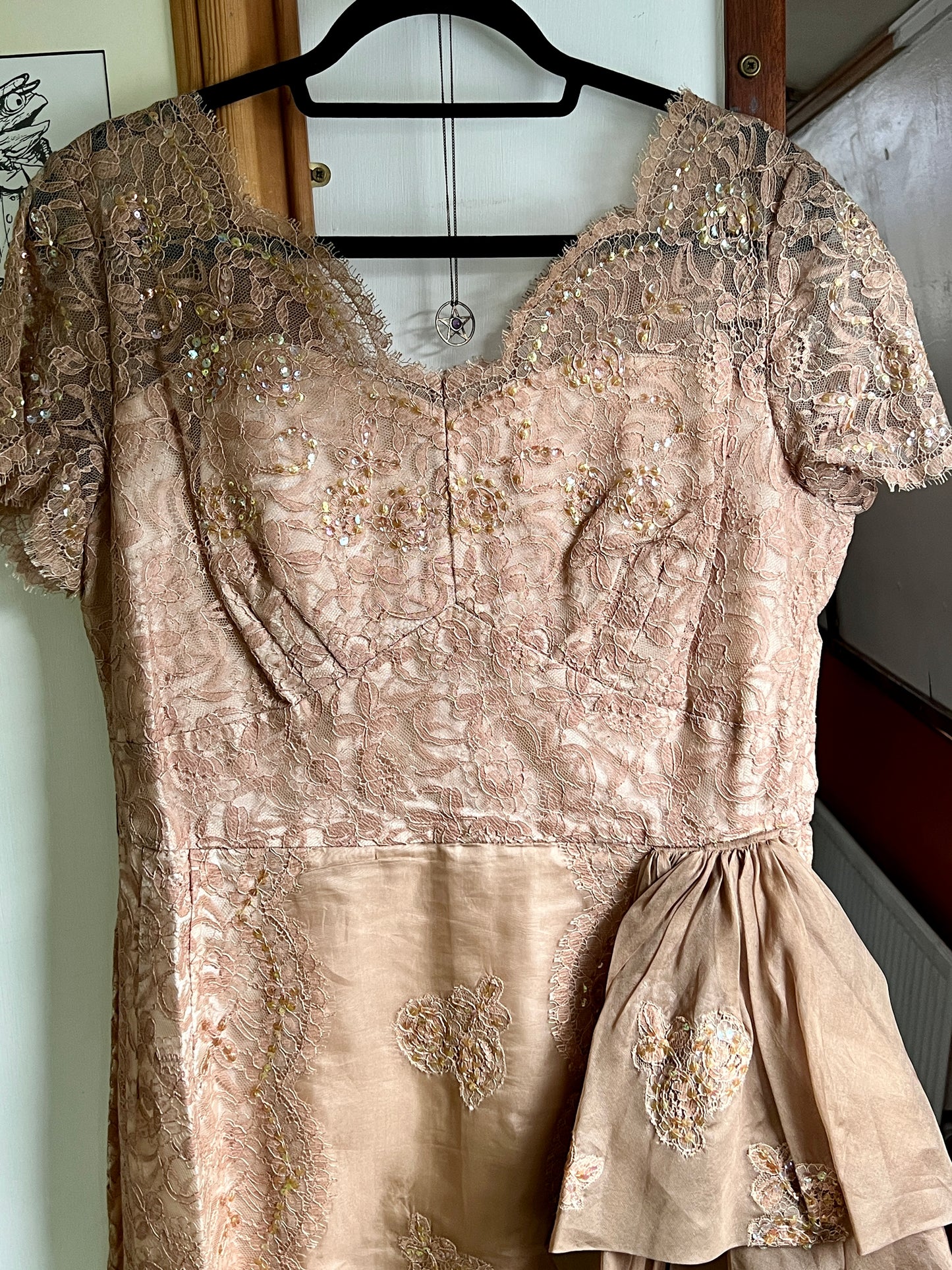 Vintage lace sequin and chiffon bombshell cocktail wiggle dress XL