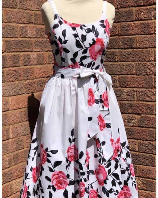 SALE Debbie Vintage 1950s style full swing dress pink  roses border print XS to 2XL