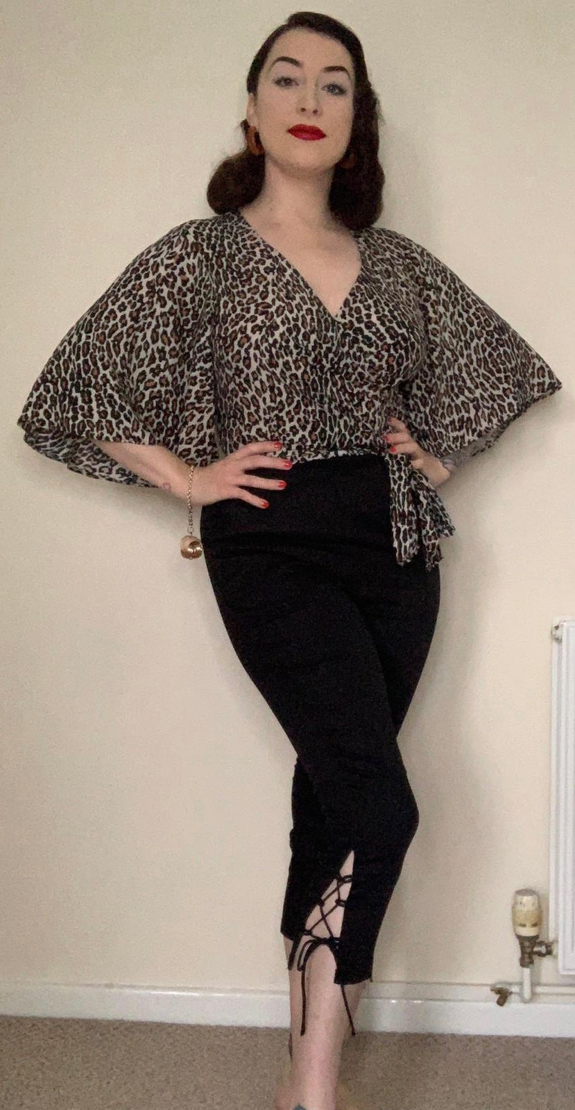 Glamour leopard vintage 1950s style wrap top with full fluted angel sleeves XS to 2XL