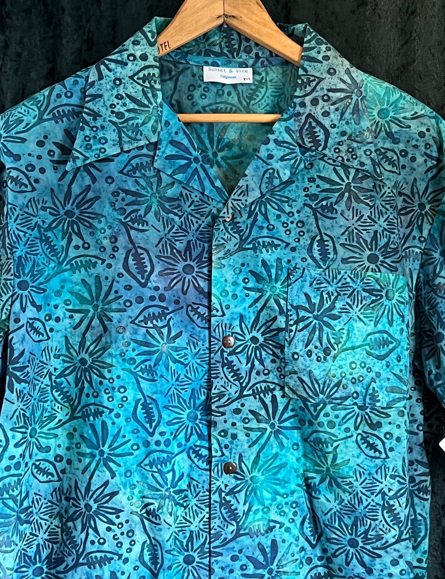 Vintage 1950s style blue batik Hawaiian shirt M rockabilly tiki festival