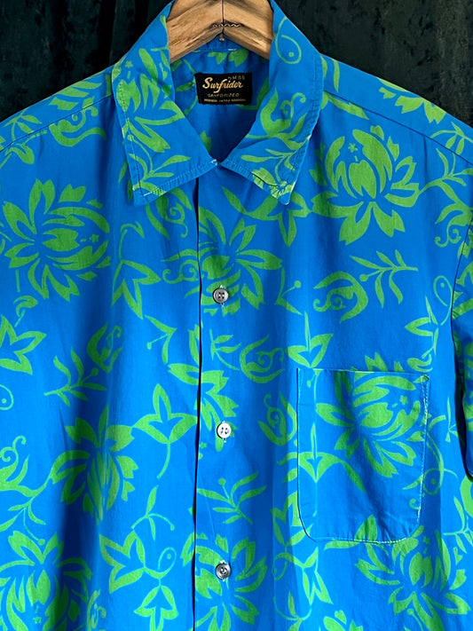 Vintage 1950s Surfrider Hawaiian shirt blue and lime green rockabilly tiki festival M