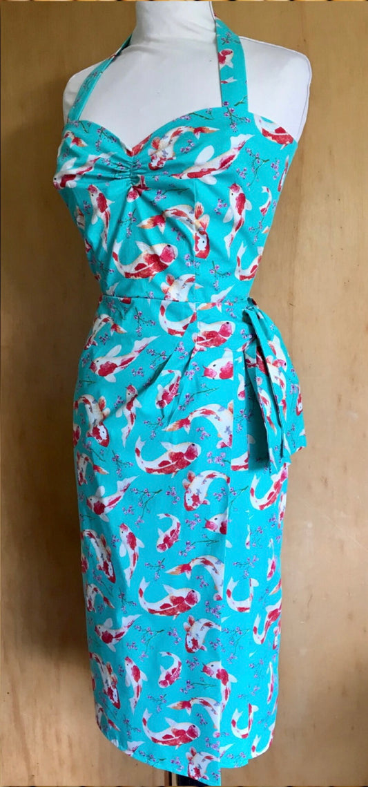 Hawaiian - 1950s vintage inspired turquoise koi carp wrap around sarong dress S L