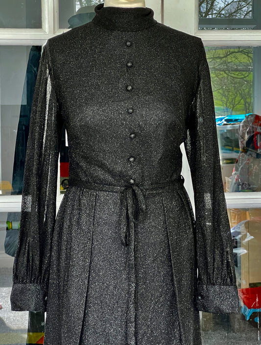 Vintage 1970s designer black lurex maxi long dress high collar neck long sleeves M L