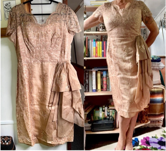 Vintage lace sequin and chiffon bombshell cocktail wiggle dress XL
